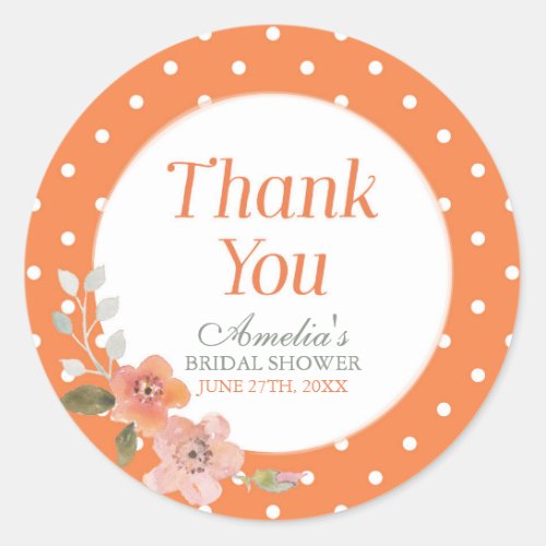 Orange Polka Dot with Delicate Floral Thank You Classic Round Sticker