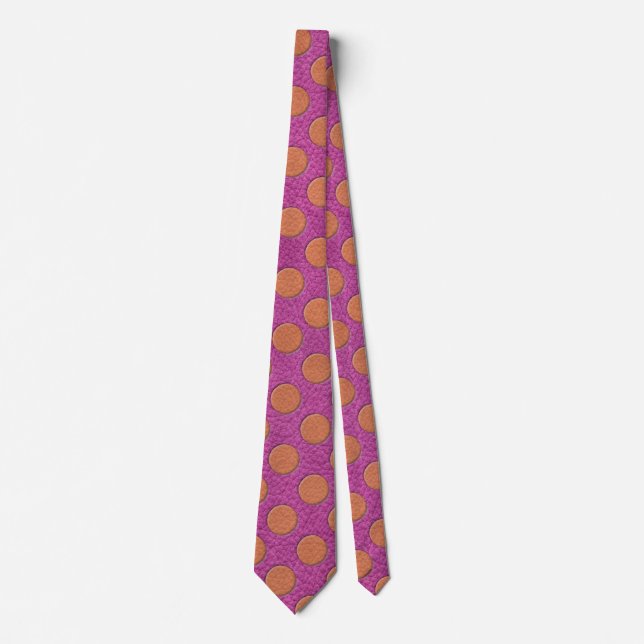 Orange Polka Dots on Pink Magenta Leather print Neck Tie (Front)