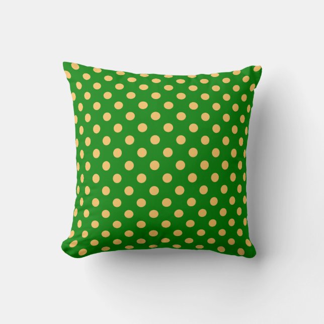 Orange Polka Dots Pattern on Green Background Throw Pillow (Front)