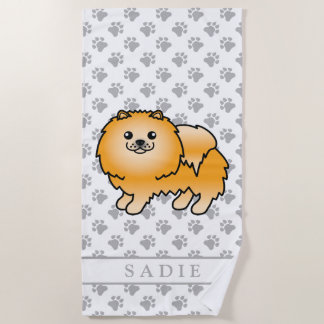 Orange Pomeranian Cute Cartoon Dog &amp; Name Beach Towel