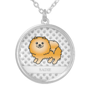Orange Pomeranian Cute Cartoon Dog & Name Silver Plated Necklace