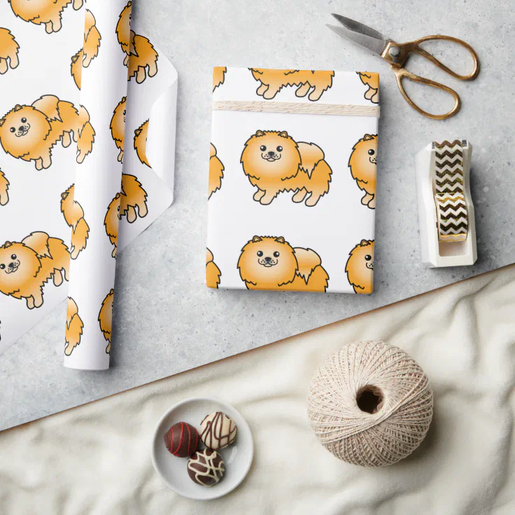 Orange Pomeranian Cute Cartoon Dog Pattern Wrapping Paper | Zazzle