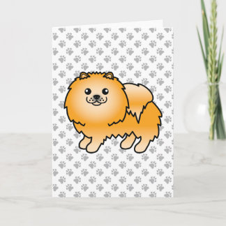 Orange Pomeranian Cute Cartoon Dog &amp; Paws Card