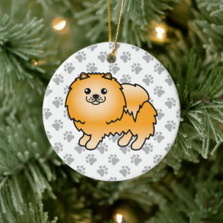 Orange Pomeranian Cute Cartoon Dog &amp; Paws Ceramic Ornament
