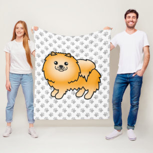 Orange Pomeranian Cute Cartoon Dog & Paws Fleece Blanket