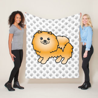 Orange Pomeranian Cute Cartoon Dog &amp; Paws Fleece Blanket
