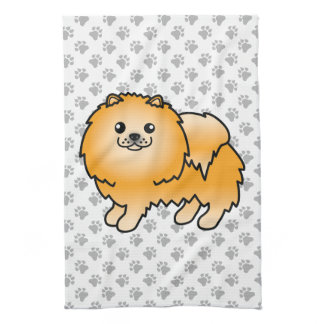 Orange Pomeranian Cute Cartoon Dog &amp; Paws Kitchen Towel