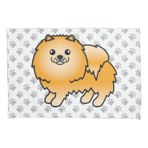 Orange Pomeranian Cute Cartoon Dog & Paws Pillow Case