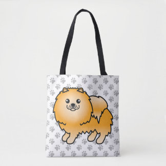 Orange Pomeranian Cute Cartoon Dog &amp; Paws Tote Bag