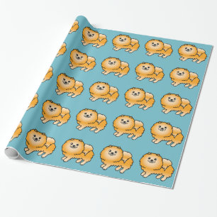 Orange Pomeranian Dog Pattern On Blue Wrapping Paper