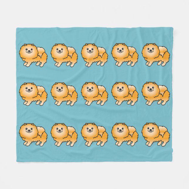 Orange Pomeranian Dogs Pattern On Blue Fleece Blanket (Front (Horizontal))