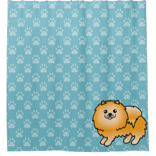 Orange Pomeranian On Blue And Dog Paws Shower Curtain