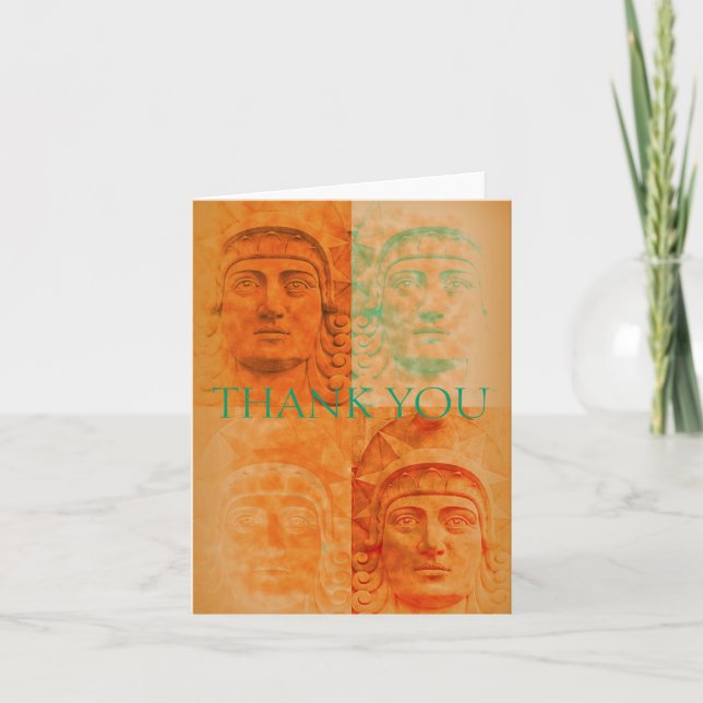 Orange Pop Art Deco Stone Head Sculpture Note Card (Front)