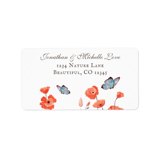 Orange Poppies and Blue Butterflies Floral Address Label (Front)