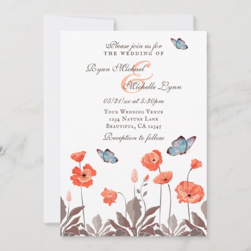 Orange Poppies and Blue Butterflies Floral Wedding Invitation