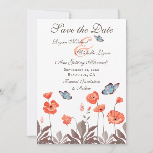 Orange Poppies and Blue Butterflies Floral Wedding Save The Date