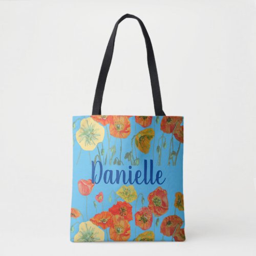 Orange Poppies blue Floral flowers Girl Name Bag