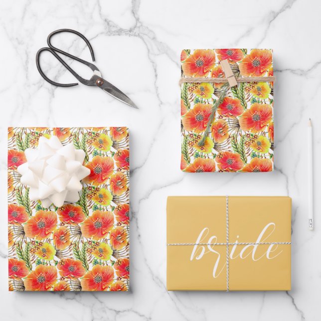 Orange Poppies Bridal Wedding Wrapping Paper Sheets (Front)