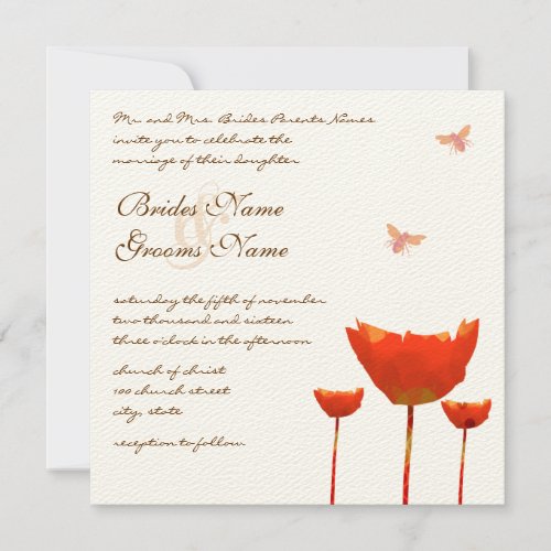 Orange Poppies  Bumble Bees Wedding Invitation