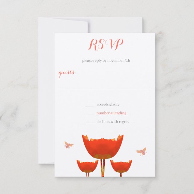 Orange Poppies & Bumble Bees Wedding RSVP Invitation (Front)