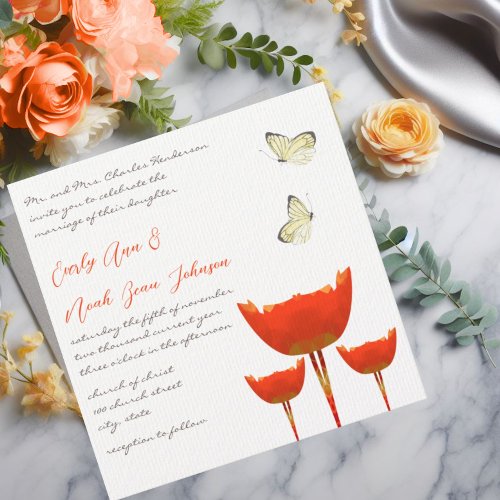 Orange Poppies  Butterflies Wedding Invitation