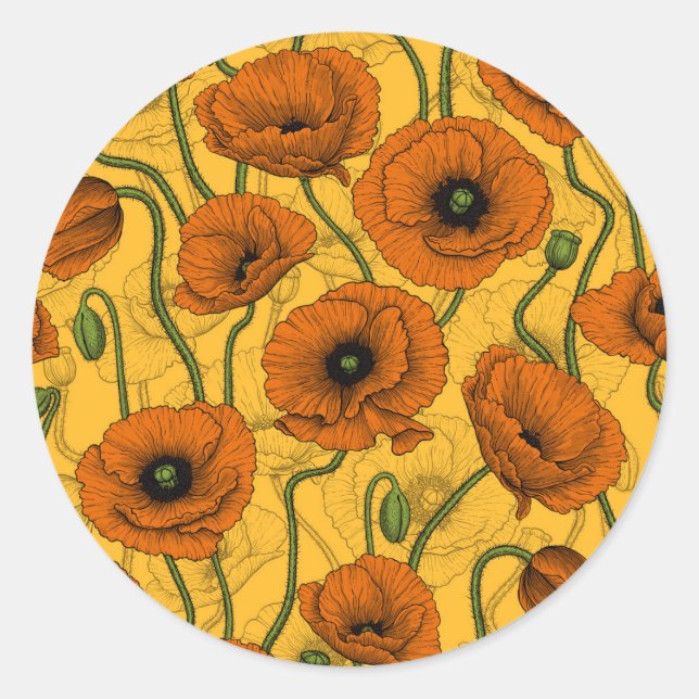 Orange Poppies Classic Round Sticker (Front)