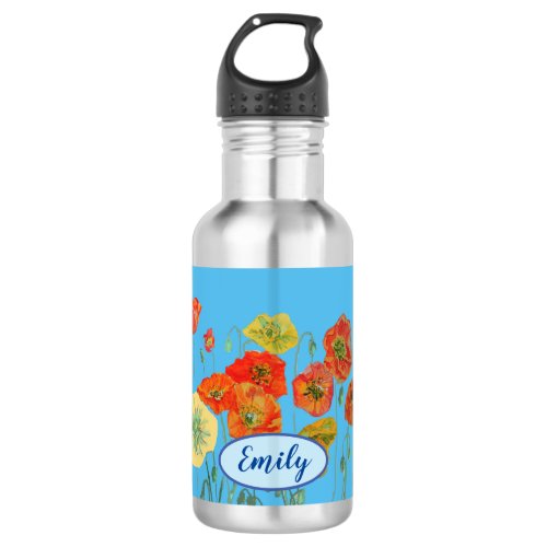 Orange Poppies Floral flowers Pastel Blue Stainless Steel Water Bottle