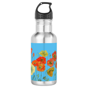 Orange Poppies Floral flowers Pastel Blue Stainless Steel Water Bottle