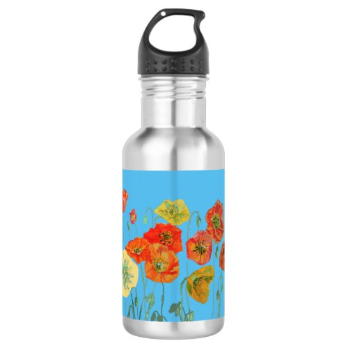 Orange Poppies Floral flowers Pastel Blue Stainless Steel Water Bottle