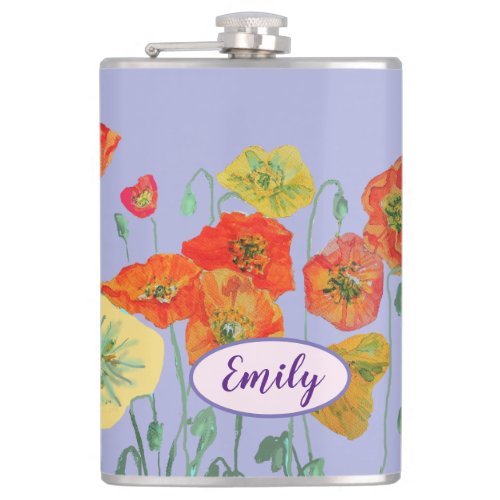 Orange Poppies Floral flowers Pastel purple Lilac Flask