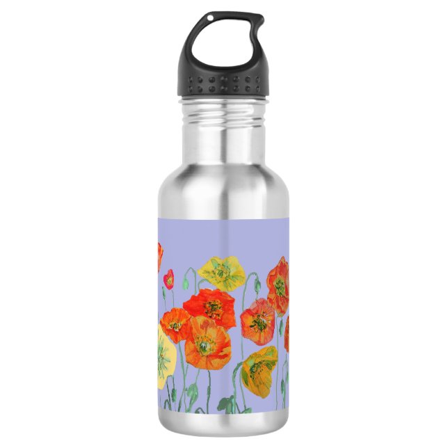 Orange Poppies Floral flowers Pastel purple Lilac  Stainless Steel Water Bottle (Front)