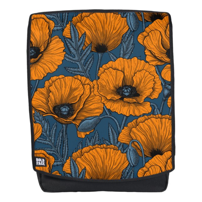 Orange poppies on dark blue backpack (Front)