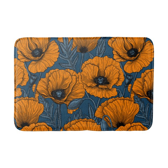 Orange poppies on dark blue bath mat (Front)