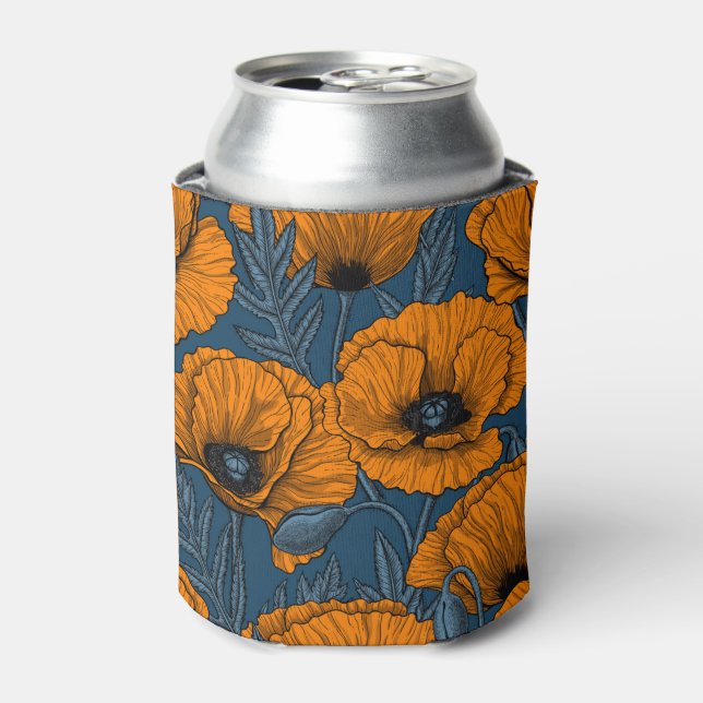 Orange poppies on dark blue can cooler (Can Front)