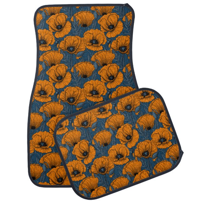 Orange poppies on dark blue car floor mat (Set)
