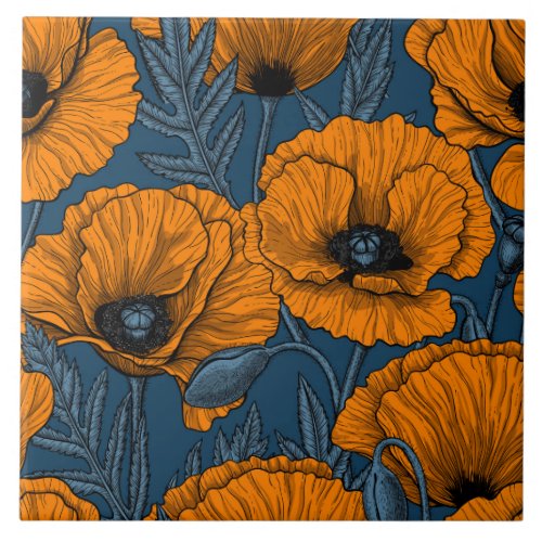 Orange poppies on dark blue ceramic tile
