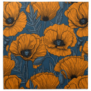 Orange poppies on dark blue cloth napkin