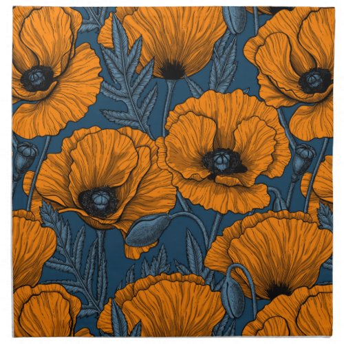 Orange poppies on dark blue cloth napkin