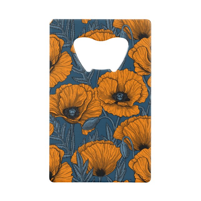 Orange poppies on dark blue credit card bottle opener (Front)