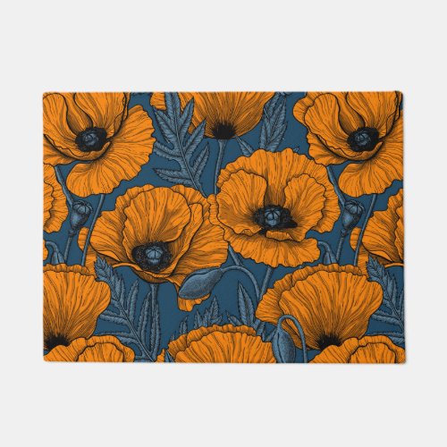 Orange poppies on dark blue doormat