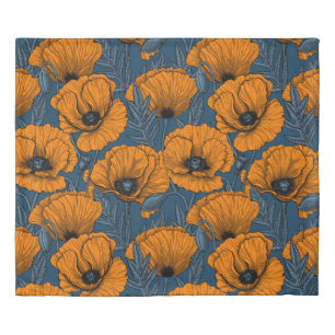 Orange poppies on dark blue duvet cover