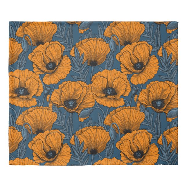 Orange poppies on dark blue duvet cover (Front)