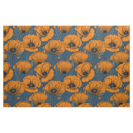 Orange poppies on dark blue fabric