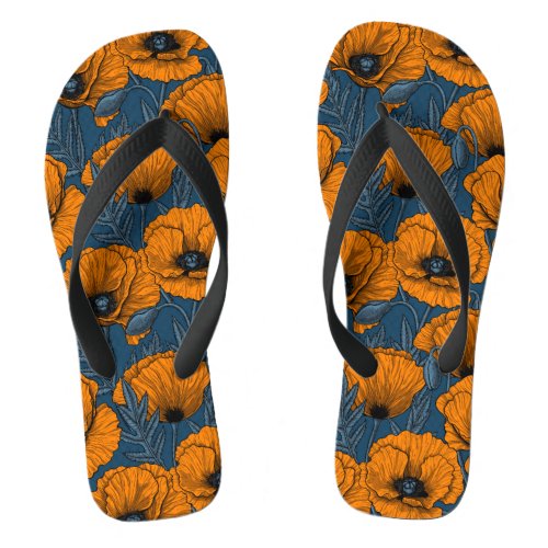 Orange poppies on dark blue flip flops