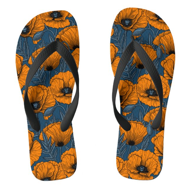 Orange poppies on dark blue flip flops (Footbed)