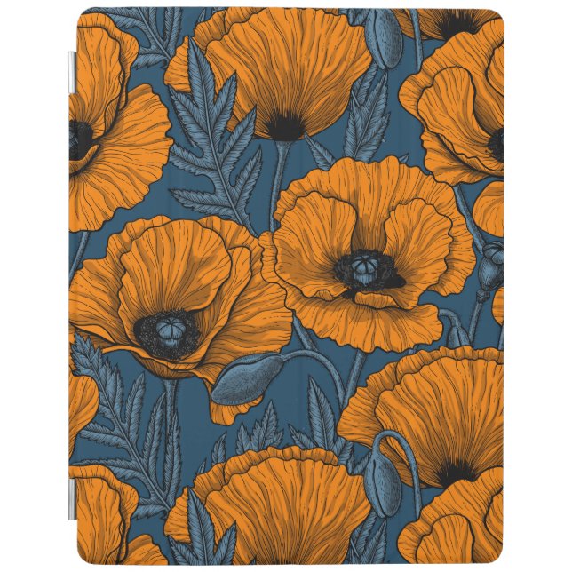 Orange poppies on dark blue iPad smart cover (Front)
