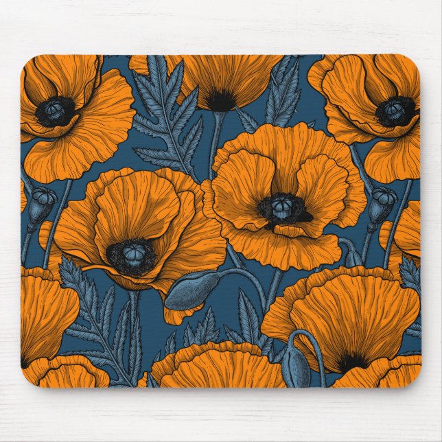 Orange poppies on dark blue mouse pad (Front)