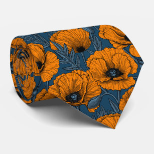 Orange poppies on dark blue neck tie