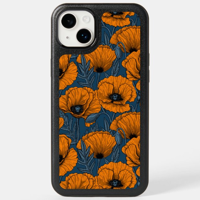 Orange poppies on dark blue otterbox iPhone case (Back)