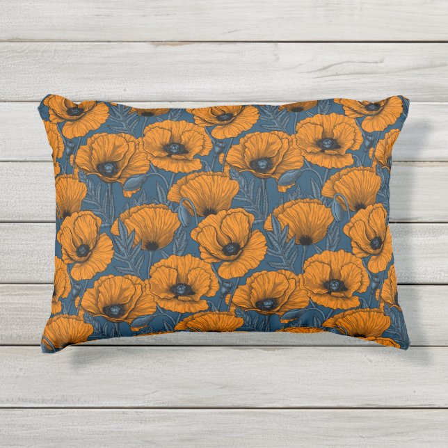 Orange poppies on dark blue outdoor pillow (Front)